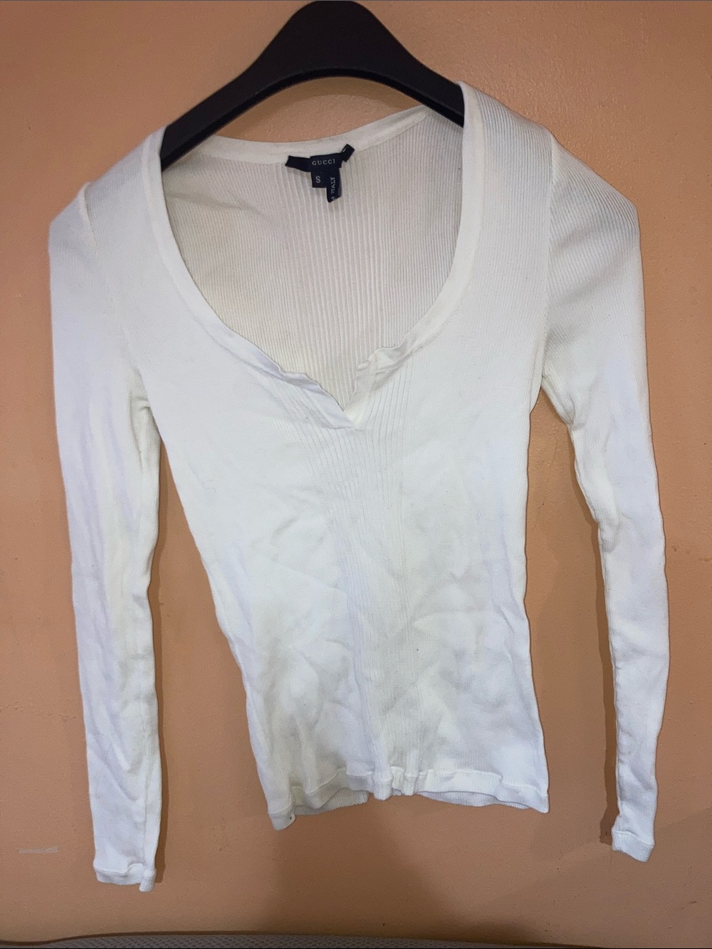 Gucci White Ribbed Long Sleeve V-Neck Tee